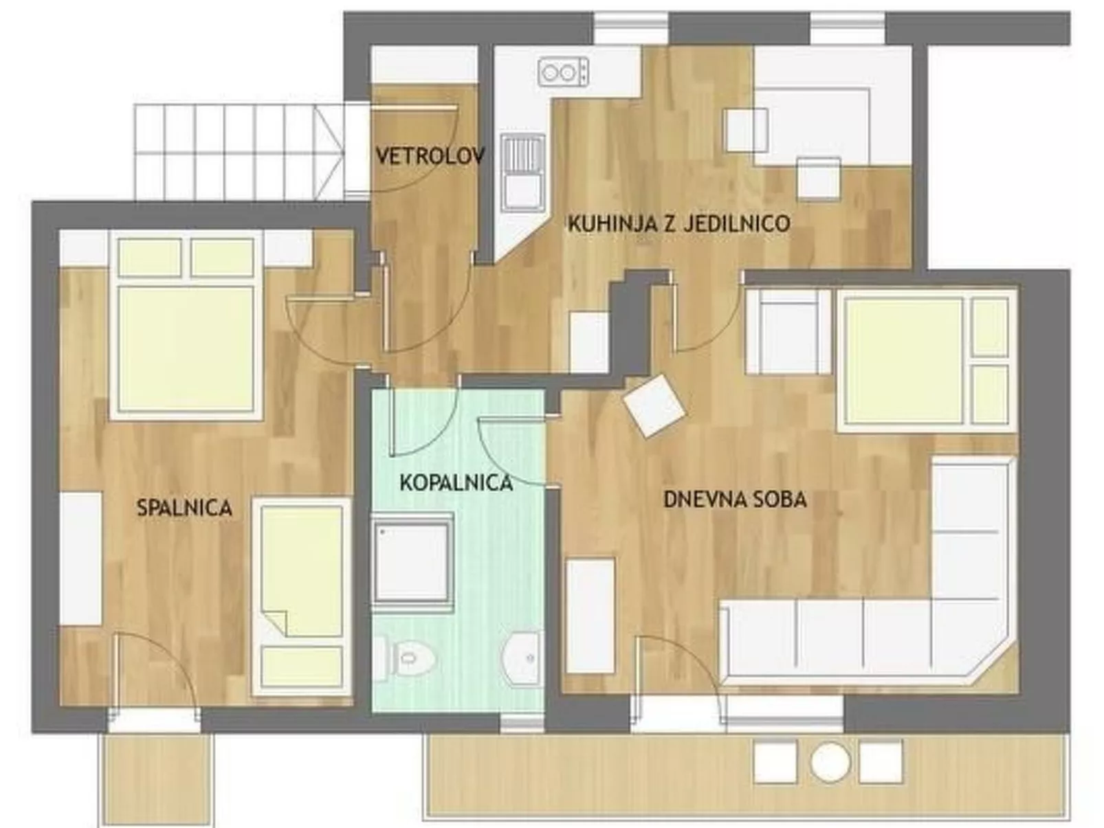 Für sechs Personen mit einem Balkon-Binnen