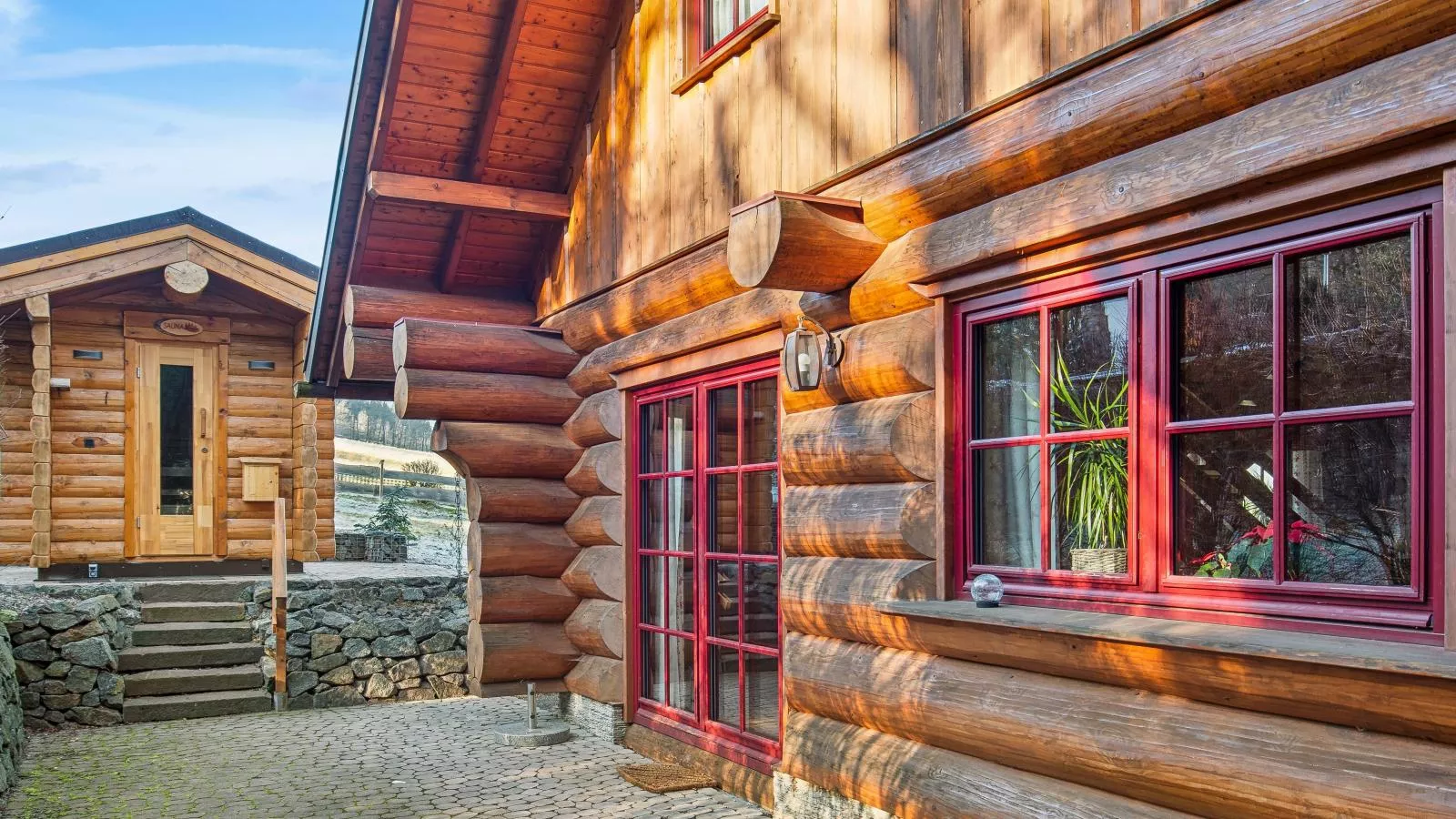 Naturstammhaus-Exterieur winter