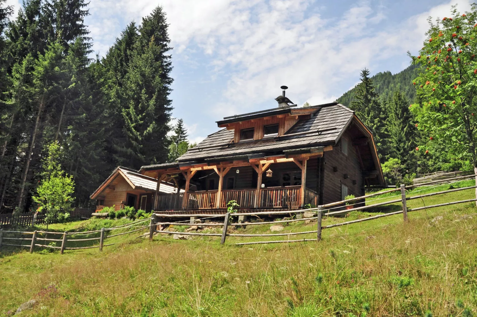 Almhütte im Walde-Buitenkant zomer