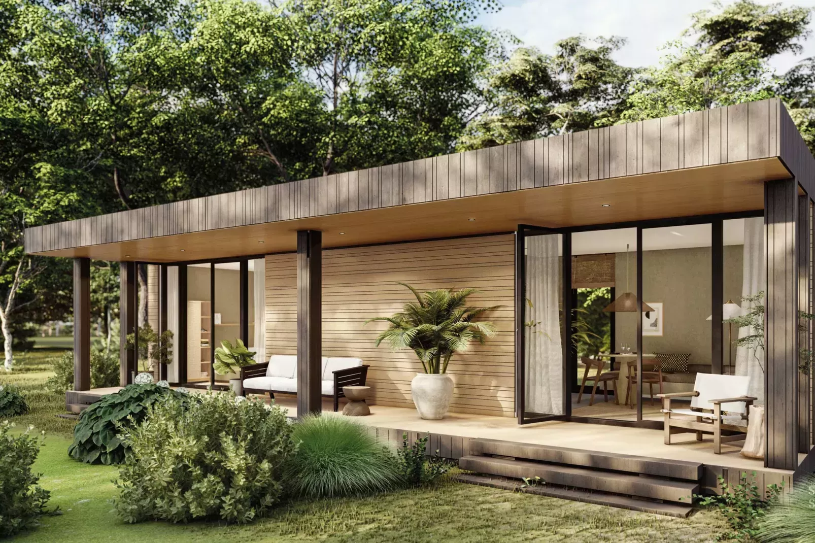 luxe houten vakantiehuis met plant op terras en omring door groene omgeving, met een glazen deur om naar binnen te komen